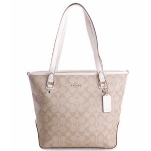COACH Zip Top Signature Khaki Chalk Tote